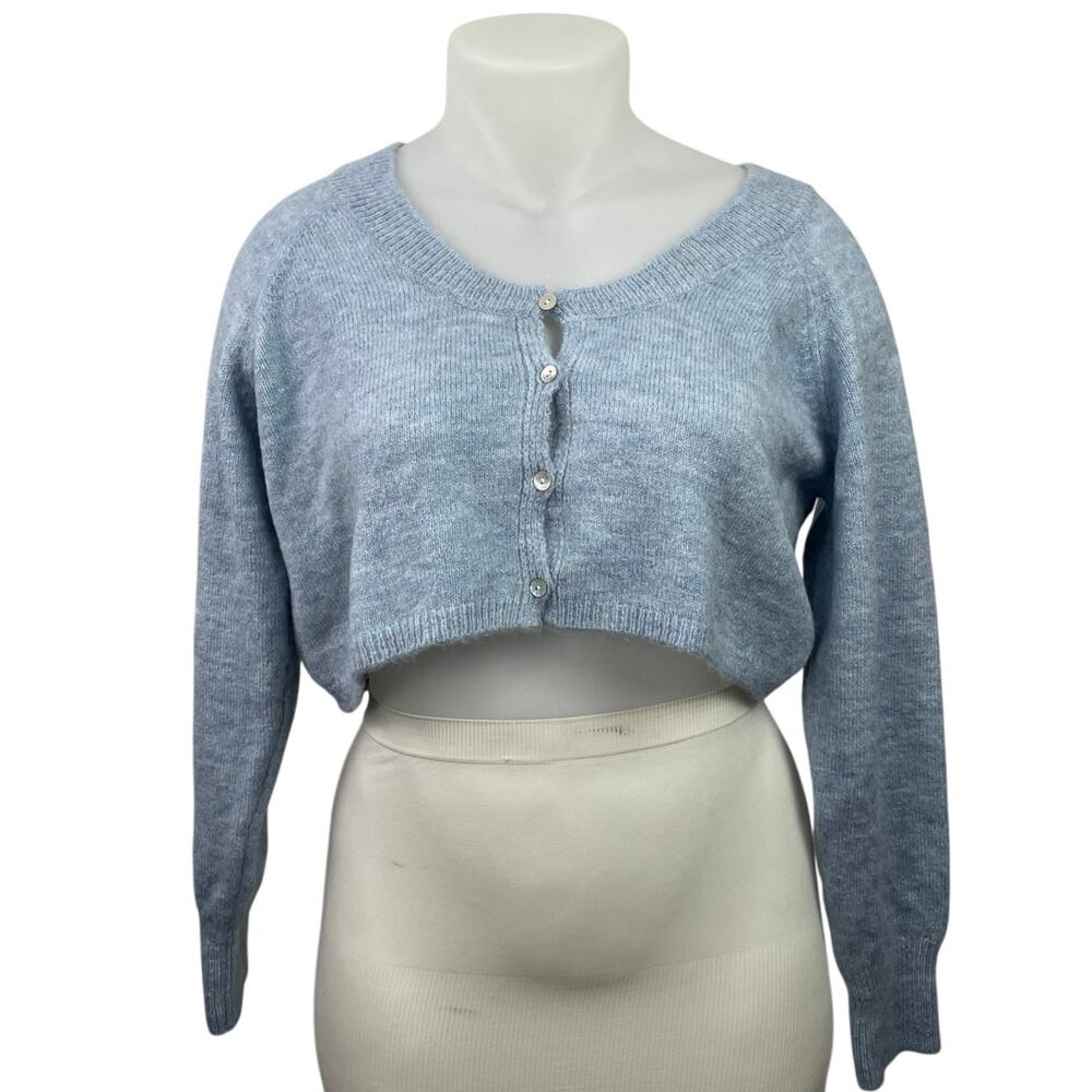 NEW MNG Mango Blue Knitted Long Sleeve Button Down Crop Cardigan Sweater Top XL